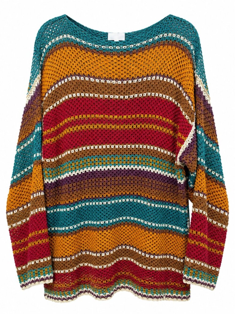 Colorful Open-Knit Boho Sweater Top | Oversized Crochet Pullover